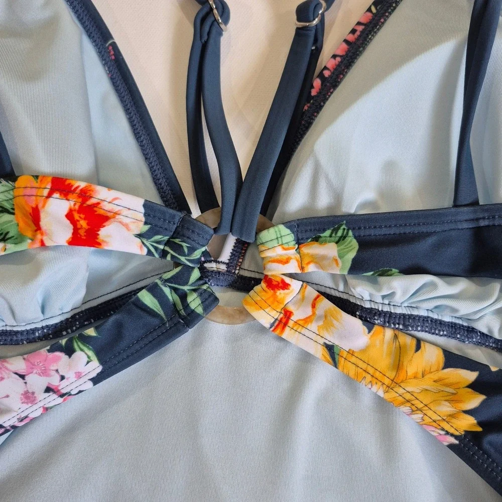 Cupshe Womens‎ Navy Floral Ruched V-Neck One Piece Swimsuit Cutout Back Size XL